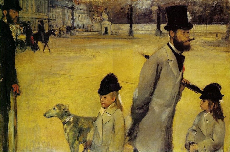Pintura 'Place de la Concorde', do artista Edgar Degas. A obra, de 78 cm de altura e 118 cm de largura, retrata um homem de terno e chapéu passeando em um parque com um guarda chuva entre os braços. Há um cachorro, duas meninas e outros pedestres ao fundo.