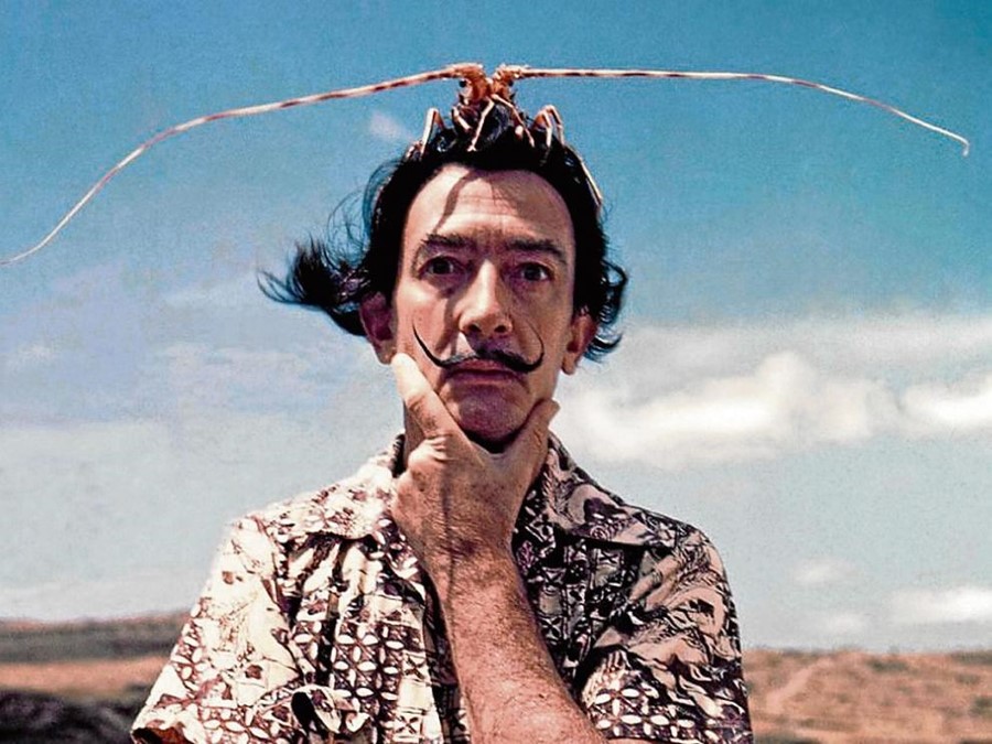 Fotografia do artista Salvador Dali, um homem branco de cabelos negros bagunçados, bigode fino com as pontas levantadas. Ele está com a mão no queixo, usando uma camisa estampada, e olhando diretamente para a câmera. Parece estar em um cenário desértico.