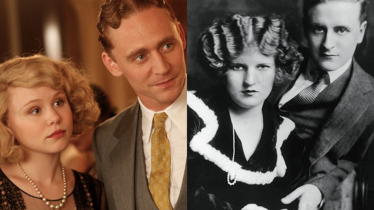 Comparação entre os atores que interpretam Zelda e Scott Fitzgerald e uma fotografia real do casal