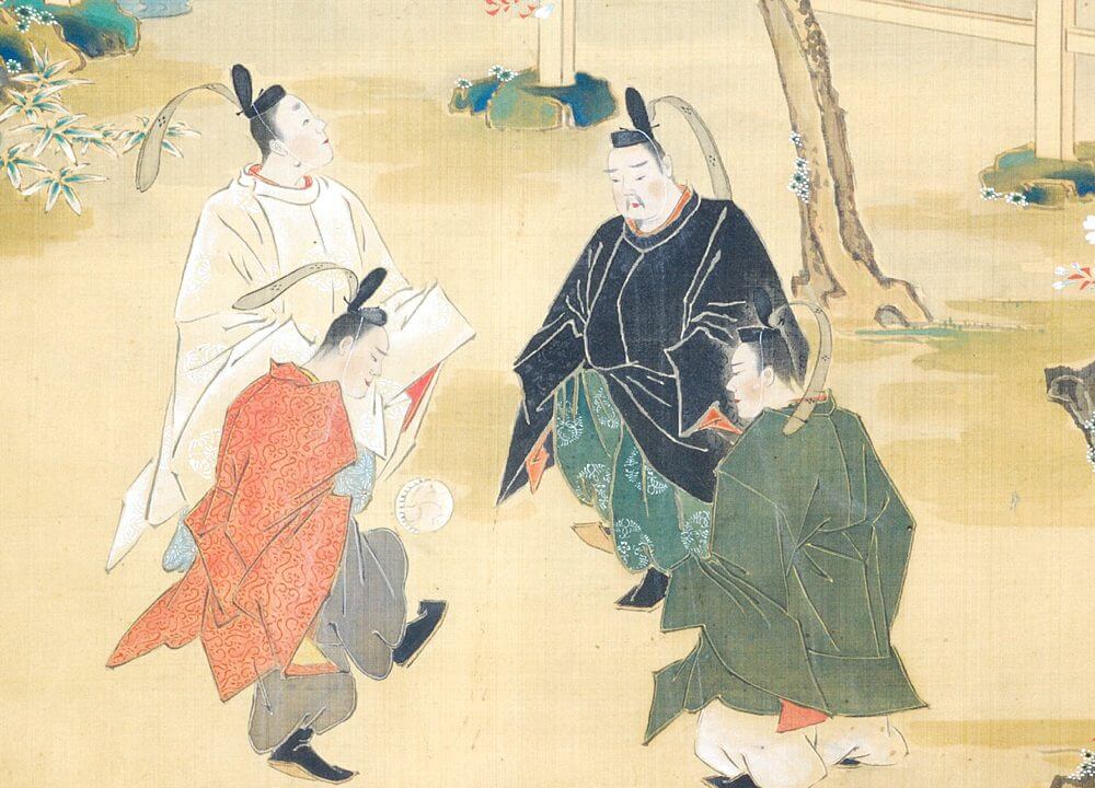 Pintura asiática mostra guerreiros jogando uma partida de futebol