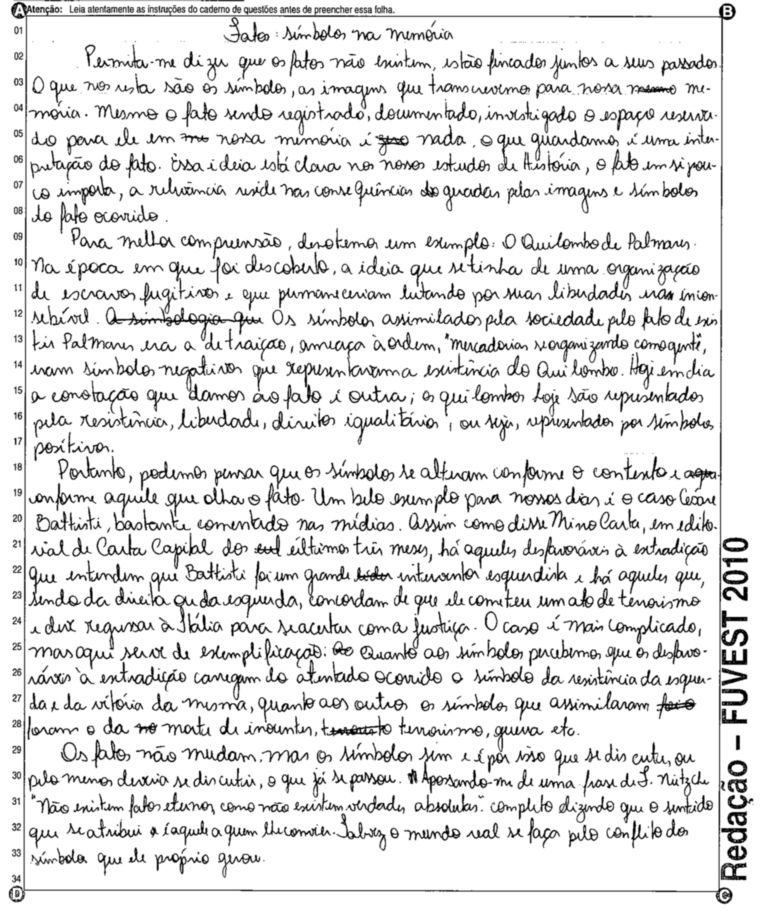 'Fatos: símbolos na memória' foi uma das melhores redações da Fuvest 2010