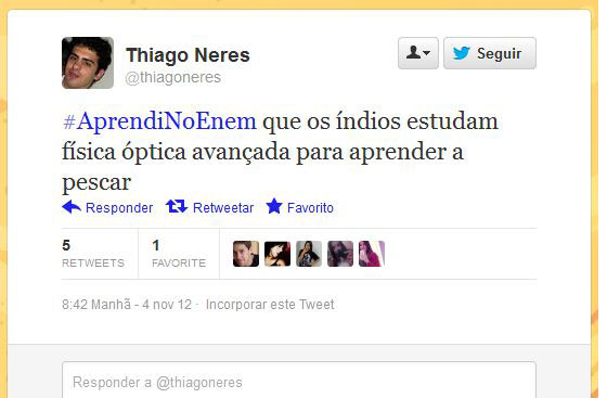 Usando a hashtag #AprendiNoEnem, usuários fazem piada com o conteúdo das provas do Exame Nacional do Ensino Médio, aplicado nos dias 3 e 4 de novembro Usando a hashtag #AprendiNoEnem, usuários fazem piada com o conteúdo das provas do Exame Nacional do Ensino Médio, aplicado nos dias 3 e 4 de novembro