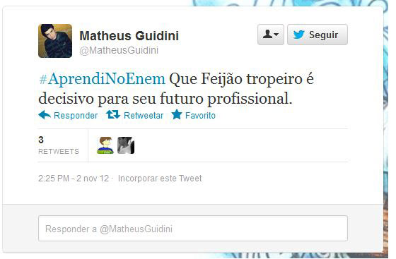 Usando a hashtag #AprendiNoEnem, usuários fazem piada com o conteúdo das provas do Exame Nacional do Ensino Médio, aplicado nos dias 3 e 4 de novembro Usando a hashtag #AprendiNoEnem, usuários fazem piada com o conteúdo das provas do Exame Nacional do Ensino Médio, aplicado nos dias 3 e 4 de novembro