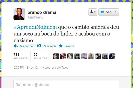 Usando a hashtag #AprendiNoEnem, usuários fazem piada com o conteúdo das provas do Exame Nacional do Ensino Médio, aplicado nos dias 3 e 4 de novembro Usando a hashtag #AprendiNoEnem, usuários fazem piada com o conteúdo das provas do Exame Nacional do Ensino Médio, aplicado nos dias 3 e 4 de novembro