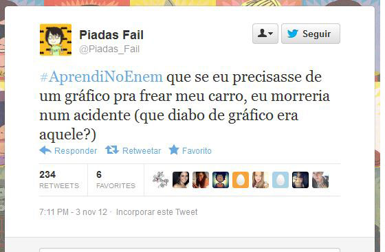 Usando a hashtag #AprendiNoEnem, usuários fazem piada com o conteúdo das provas do Exame Nacional do Ensino Médio, aplicado nos dias 3 e 4 de novembro Usando a hashtag #AprendiNoEnem, usuários fazem piada com o conteúdo das provas do Exame Nacional do Ensino Médio, aplicado nos dias 3 e 4 de novembro