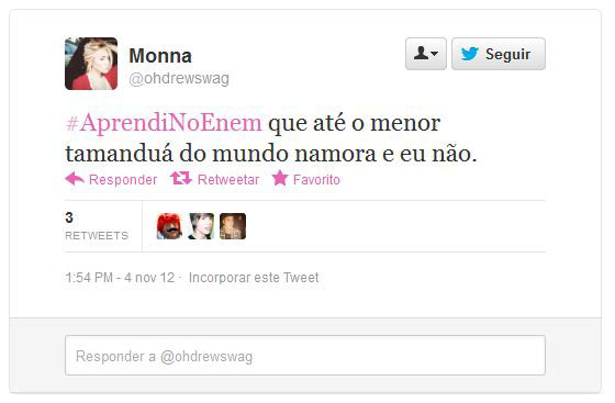 Usando a hashtag #AprendiNoEnem, usuários fazem piada com o conteúdo das provas do Exame Nacional do Ensino Médio, aplicado nos dias 3 e 4 de novembro Usando a hashtag #AprendiNoEnem, usuários fazem piada com o conteúdo das provas do Exame Nacional do Ensino Médio, aplicado nos dias 3 e 4 de novembro
