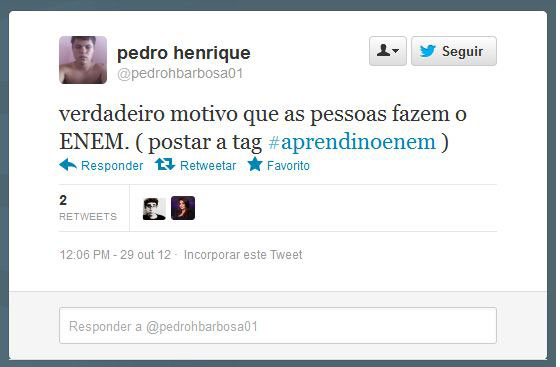 Usando a hashtag #AprendiNoEnem, usuários fazem piada com o conteúdo das provas do Exame Nacional do Ensino Médio, aplicado nos dias 3 e 4 de novembro Usando a hashtag #AprendiNoEnem, usuários fazem piada com o conteúdo das provas do Exame Nacional do Ensino Médio, aplicado nos dias 3 e 4 de novembro