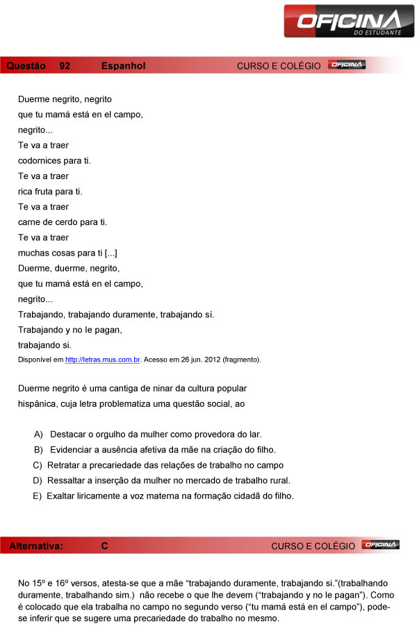 Enem 2013 – Correção da questão  92 (espanhol) – Linguagens e Códigos