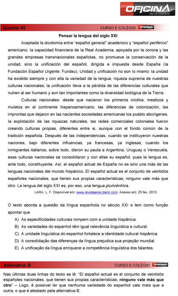 Enem 2013 – Correção da questão  95 (espanhol) – Linguagens e Códigos