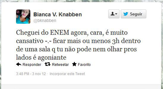Muitos usuários consideraram a prova cansativa e manifestaram preocupação quanto ao segundo dia, que terá redação e matemática. Clique no Leia mais para ver a correção do primeiro dia de prova Muitos usuários consideraram a prova cansativa e manifestaram preocupação quanto ao segundo dia, que terá redação e matemática. Clique no Leia mais para ver a correção do primeiro dia de prova