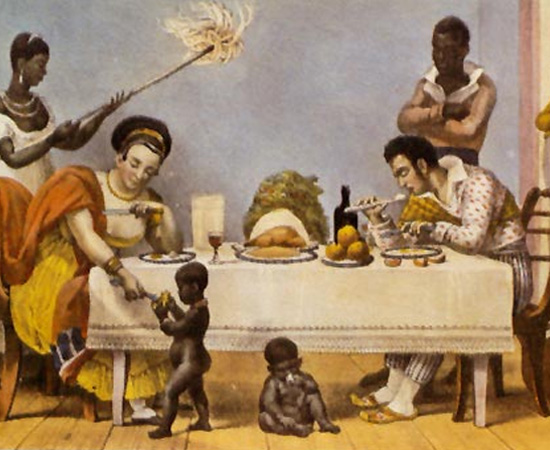 No Brasil, o uso do escravo como mão de obra teve início com a atividade açucareira, atravessou todo o período colonial e só foi oficialmente extinto em 1888, com o fim do Império. Estima-se que, entre 1550 a 1850, tenham chegado ao país 4 milhões de negros trazidos do continente africano. Imagem:  Jean Baptiste Debret (1827) / Domínio Público