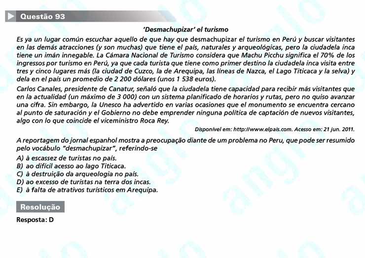 Enem 2011: Questão 93 (espanhol) – Linguagens e Códigos (prova amarela)