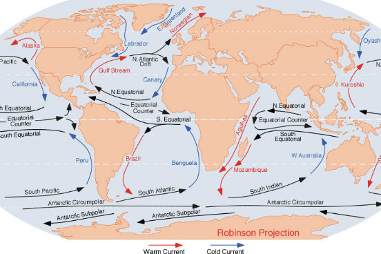 As correntes marítimas são grandes massas de água que circulam pelos oceanos. Como não interagem com as águas dos lugares por onde passam, elas mantêm temperatura, cor e salinidade próprias. A movimentação das correntes marítimas acontece, principalmente, devido à ação do vento, ao calor do Sol e ao movimento de rotação da Terra. (Imagem: Wikimedia Commons)