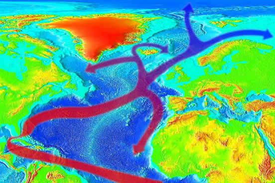 Também chamada de corrente do Atlântico Norte, essa corrente quente tem origem na região do Golfo do México e se desloca em direção à Europa. Ela é responsável por aumentar a temperatura média de certas regiões da península Ibérica, da Grã-Bretanha e da Noruega, fazendo com que elas tenham um clima mais ameno se comparado ao de regiões que se encontram na mesma latitude. (Imagem: Wikimedia Commons)