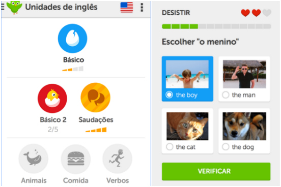 Um dos aplicativos de idiomas mais conhecidos, o Duolingo oferece, para falantes de português, cursos grátis de inglês, espanhol, francês, alemão e italiano. Dividido em diferentes módulos (cores, saudações, alimentos etc), ele traz exercícios de escrita, escuta, fala e tradução. Além de estar disponível para Android, iOS e Windows Phone, uma plataforma online pode ser acessada pelo site pt.duolingo.com.