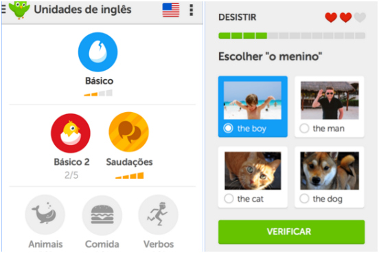Um dos aplicativos de idiomas mais conhecidos, o Duolingo oferece, para falantes de português, cursos grátis de inglês, espanhol, francês, alemão e italiano. Dividido em diferentes módulos (cores, saudações, alimentos etc), ele traz exercícios de escrita, escuta, fala e tradução. Além de estar disponível para Android, iOS e Windows Phone, uma plataforma online pode ser acessada pelo site pt.duolingo.com. Um dos aplicativos de idiomas mais conhecidos, o Duolingo oferece, para falantes de português, cursos grátis de inglês, espanhol, francês, alemão e italiano. Dividido em diferentes módulos (cores, saudações, alimentos etc), ele traz exercícios de escrita, escuta, fala e tradução. Além de estar disponível para Android, iOS e Windows Phone, uma plataforma online pode ser acessada pelo site pt.duolingo.com.