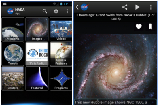 Com este do aplicativo oficial da NASA, você pode acompanhar as últimas imagens, vídeos, informações de missões e notícias da agência de exploração espacial dos Estados Unidos. O aplicativo está disponível para Android, iOS e Windows Phone. (Imagem: Reprodução)