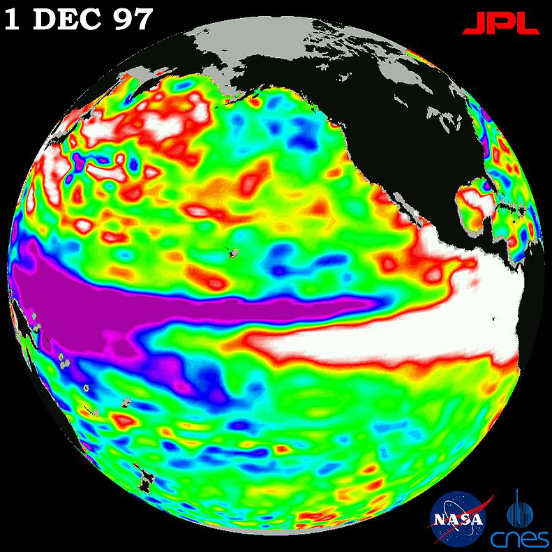 O último El Niño mais poderoso aconteceu entre 1997 e 1998, que só no Brasil causou excessos de chuva na região Sul, seca severa no Nordeste (uma das piores já enfrentadas), seca na Amazônia (o que aumentou exponencialmente o número de queimadas e incêndios florestais) e um verão mais quente no Sudeste, com temperaturas de 1 a 4 ºC acima da média. Por conta desse fenômeno, o setor da agricultura sofreu grandes perdas nesse período. As áreas brancas da imagem mostram a piscina de água quente que se formou no oceano. (Imagem: Wikimedia Commons) O último El Niño mais poderoso aconteceu entre 1997 e 1998, que só no Brasil causou excessos de chuva na região Sul, seca severa no Nordeste (uma das piores já enfrentadas), seca na Amazônia (o que aumentou exponencialmente o número de queimadas e incêndios florestais) e um verão mais quente no Sudeste, com temperaturas de 1 a 4 ºC acima da média. Por conta desse fenômeno, o setor da agricultura sofreu grandes perdas nesse período. As áreas brancas da imagem mostram a piscina de água quente que se formou no oceano. (Imagem: Wikimedia Commons)