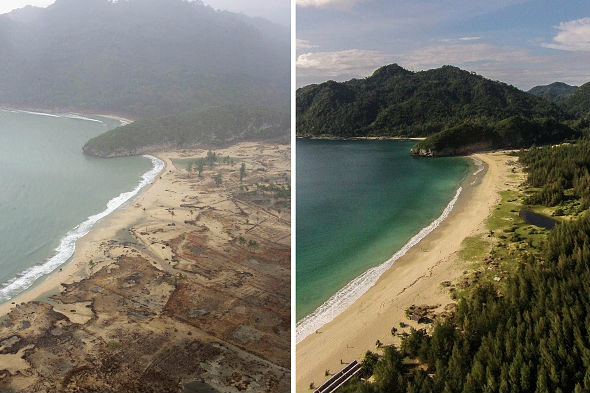 Quando o foco de um terremoto se localiza abaixo do oceano enormes ondas podem ser formadas, causando assim um fenômeno chamado de tsunami ou maremoto. Em 2004, um dos maiores tsunamis da história atingiu a Indonésia, deixando cerca de 130 mil mortos. A imagem compara o país logo após o desastre e dez anos depois, em 2014. (Imagem: Getty Images)