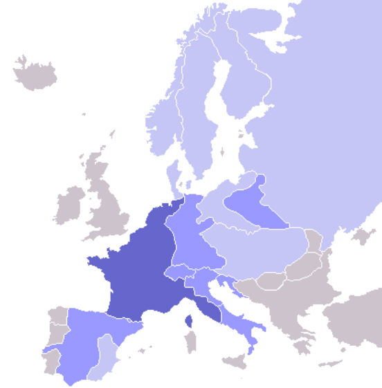 Um dos primeiros conflitos aconteceu em 1806 quando, para enfrentar o poder britânico, Napoleão decretou o Bloqueio Continental, que buscava impedir o comércio da Inglaterra com todos os outros portos da Europa. No entanto, essa medida não foi bem vista pelas terras dominadas por Napoleão, que muitas vezes utilizou as forças militares para conter o desrespeito ao bloqueio.  A imagem mostra a situação da Europa já em 1811. As cores indicam, do azul mais escuro ao mais claro, os países membros do Império Francês, os territórios dominados por ele e os países obrigados a praticar o bloqueio. (Imagem: Wikimedia Commons)