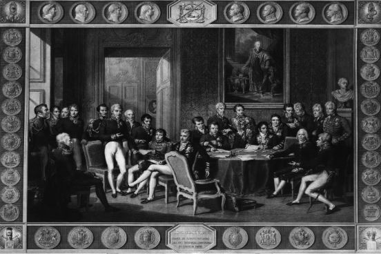 Realizado pelas potências europeias, o Congresso de Viena se pontuou por dois princípios básicos: o da legitimidade, que considerava legítimos os governos e as fronteiras que existiam antes das guerras napoleônicas, e o do equilíbrio europeu, que defendia a organização dos poderes econômico e político de forma que nenhuma potência pudesse ser mais forte que a outra. Na imagem, aparecem os governantes das potências da época. (Imagem: Rischgitz/Getty Images) Realizado pelas potências europeias, o Congresso de Viena se pontuou por dois princípios básicos: o da legitimidade, que considerava legítimos os governos e as fronteiras que existiam antes das guerras napoleônicas, e o do equilíbrio europeu, que defendia a organização dos poderes econômico e político de forma que nenhuma potência pudesse ser mais forte que a outra. Na imagem, aparecem os governantes das potências da época. (Imagem: Rischgitz/Getty Images)