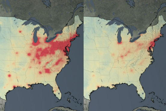 Os cientistas concluíram que regiões como os Estados Unidos, a Europa e o Japão, apesar de continuarem com um ar de qualidade ruim, apresentaram uma melhora considerável, graças a diversas regulamentações feitas sobre a emissão de gases. A imagem mostra a diferença observada nos Estados Unidos. (Imagem: Montagem/Reprodução NASA)