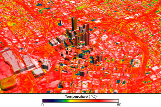 Áreas urbanizadas apresentam uma temperatura maior em relação a suas áreas vizinhas, o que caracteriza o fenômeno das ilhas de calor. Isso acontece devido à modificação que o homem realiza no espaço. Prédios, asfalto, concreto e menor presença de vegetação nas cidades fazem com que a temperatura aumente. A imagem mostra a distribuição de temperatura na cidade de Atlanta, nos Estados Unidos. O azul representa as temperaturas mais frias, o vermelho as intermediárias e o branco as quentes, que chegam a até 50 ºC. (Imagem: Wikimedia Commons/Ryanjo)