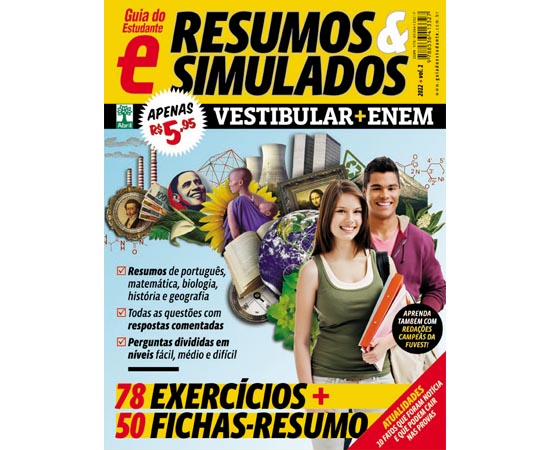 GUIA DO ESTUDANTE - RESUMOS E SIMULADOS 2012 - O novo guia traz dezenas de exercícios para você praticar, todos com respostas comentadas e ainda divididos em níveis de dificuldade - questões fáceis, médias e difíceis. Para melhorar o seu desempenho nesses testes, o guia também oferece uma seleção de fichas-resumos que ajudam a relembrar pontos-chave das principais disciplinas do Ensino Médio, como português, matemática, biologia, história e geografia.