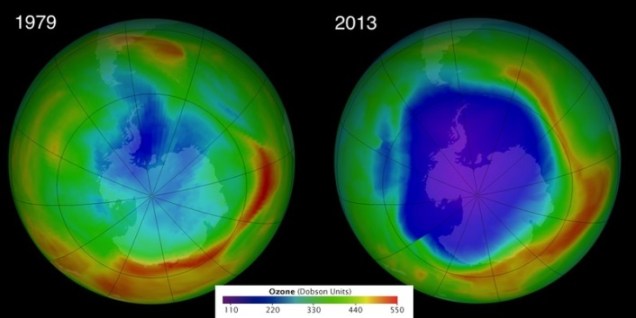 Na década de 80, cientistas alertaram o mundo sobre a redução da camada de ozônio. Organizações e a população ouviram o recado e diminuíram o uso de produtos com CFC (clorofluorcarbonetos). Em 2014, a ONU divulgou que os esforços surtiram resultados. A camada de Ozônio está se recuperando. Até 2050, voltará ao normal. (Imagem: NASA)