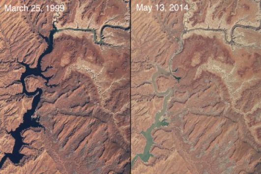 Durante o século 20, os americanos domaram o rio Colorado, construindo represas e reservatórios. Em 2000, uma grande seca atingiu o Arizona e o inimaginável aconteceu: alguns lagos tiveram sua capacidade hídrica drasticamente reduzida. Na imagem, você pode ver a seca do lago Powel. (Imagem: NASA)