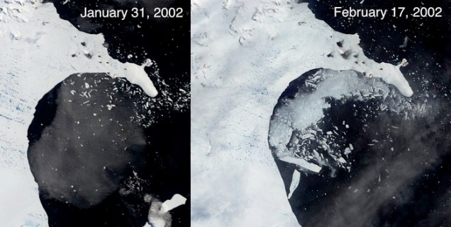 O derretimento de grandes camadas de gelo da Groenlândia e da Antártida tem preocupado cientistas. Em 2002, a plataforma Larsen B, na Antártida se desintegrou. O desaparecimento massivo destas placas altera o nível global do mar e pode acabar com cidades a beira mar. (Imagem: NASA)