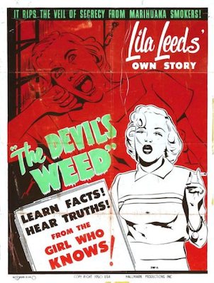 Com a proibição da maconha nos Estados Unidos no início do século 20, era preciso convencer a população de que o consumo da erva era prejudicial à saúde. Entre as estratégias usadas estavam relacionar o uso da cannabis a assassinatos, promiscuidade sexual e criminalidade. No cartaz, um convite para uma palestra com uma ex-usurária, que promete contar toda a verdade por trás da erva do diabo.