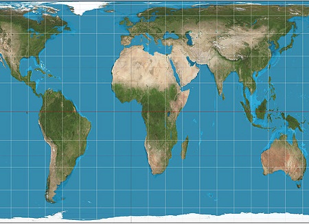 Já na projeção cilíndrica, a Terra é representada como se um cilindro envolvesse o planeta. Paralelos e meridianos são linhas retas e perpendiculares entre si. (Foto: Wikimedia Commons)