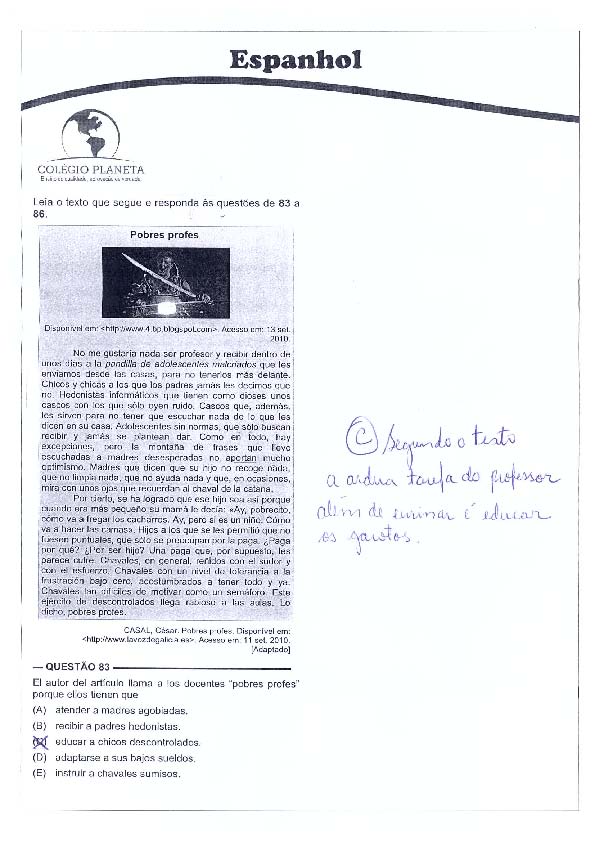 UFG 2011: Questão 83 (espanhol) – Primeira fase – prova tipo 3