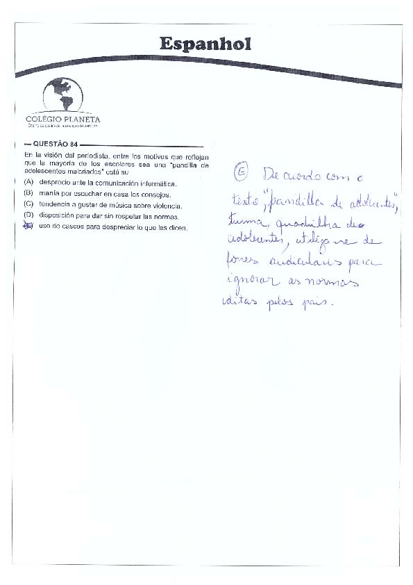 UFG 2011: Questão 84 (espanhol) – Primeira fase – prova tipo 3