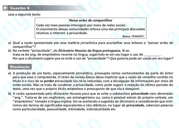 Fuvest 2012: Questão 5 (segunda fase) – língua portuguesa