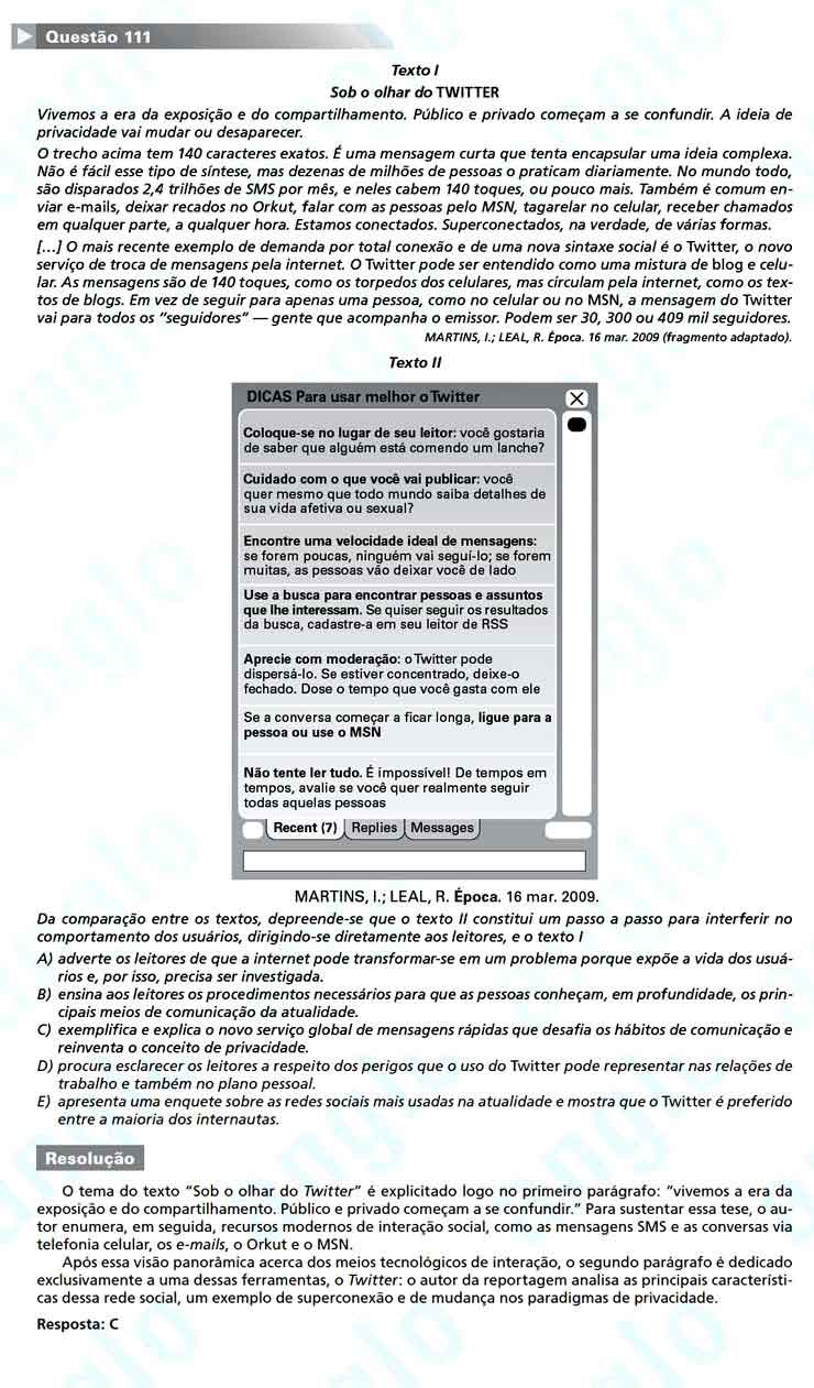Enem 2010: Questão 111 – Linguagens e Códigos (prova amarela)