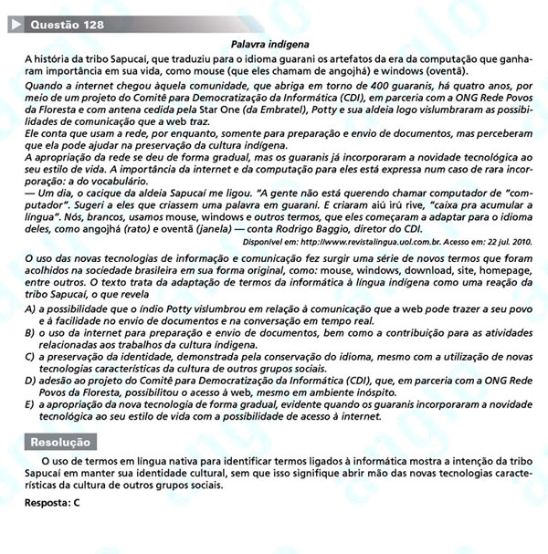 Enem 2011: Questão 128 – Linguagens e Códigos (prova amarela)