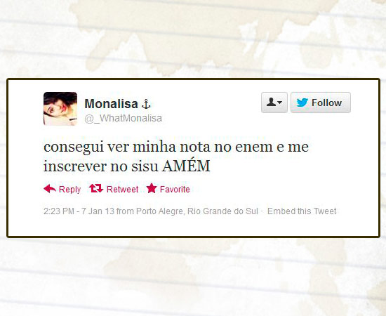 Muitos usuários do Twitter usaram a rede social para comentar o processo de inscrição no Sisu, programa do Ministério da Educação (MEC) que seleciona estudantes para as universidades federais. Mais de 620 mil candidatos se inscreveram até as 16h desta segunda-feira (7). Enquanto alguns reclamavam de falhas, outros contavam que haviam conseguido efetuar o processo normalmente. As primeiras notas de cortes de cada curso e a classificação parcial estarão disponíveis no sistema a partir das 2h da madrugada de terça-feira.