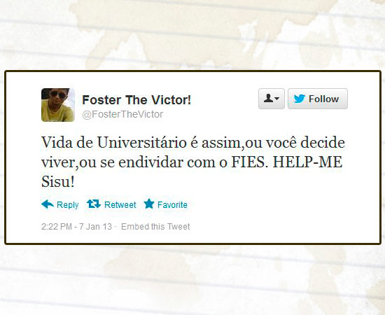 Muitos usuários do Twitter usaram a rede social para comentar o processo de inscrição no Sisu, programa do Ministério da Educação (MEC) que seleciona estudantes para as universidades federais. Mais de 620 mil candidatos se inscreveram até as 16h desta segunda-feira (7). Enquanto alguns reclamavam de falhas, outros contavam que haviam conseguido efetuar o processo normalmente. As primeiras notas de cortes de cada curso e a classificação parcial estarão disponíveis no sistema a partir das 2h da madrugada de terça-feira.