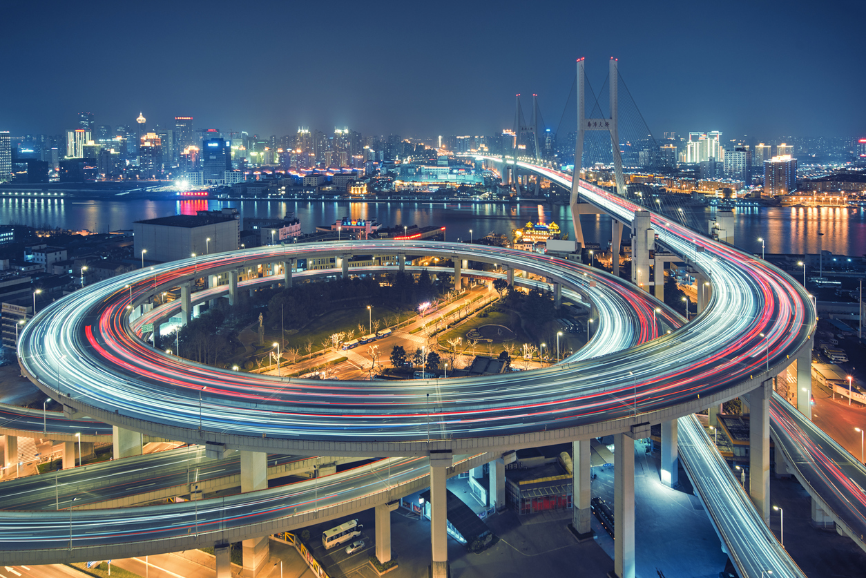 beautiful nanpu bridge at dusk ,crosses huangpu river ,shanghai