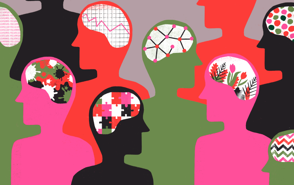 Ilustração mostra vários perfis humanos, com o cérebro em evidencia. Cada um tem um preenchimento: um cerebro tem quebra-cabeças, outro linhas conectadas, outro folhas e flores, etc.