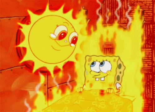 Gif com o personagem Bob Esponja encarando o Sol, enquanto o quarto todo está em chamas. 