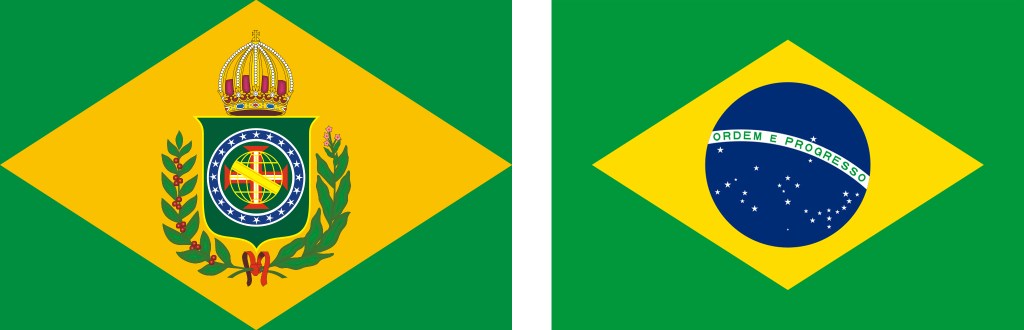Bandeira do Brasil Império do lado da atual bandeira brasileira