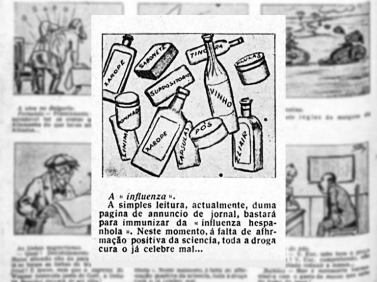 Na época da gripe espanhola, os jornais estavam repletos de anúncios de remédios milagrosos que se diziam capazes de prevenir e curar a doença. Na Charge da revista Fon Fon, eles criticam essa oferta de remédios falaciosos
