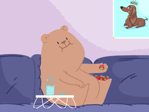 Urso em desenho animado está sentado em um sofá enquanto joga frutinhas em sua boca.