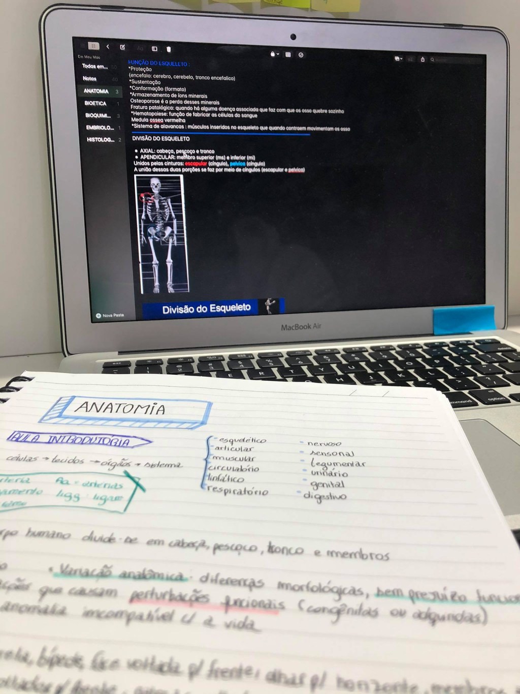 Um caderno com anotações de Anatomia, em frente ao computador, que mostra parte da aula