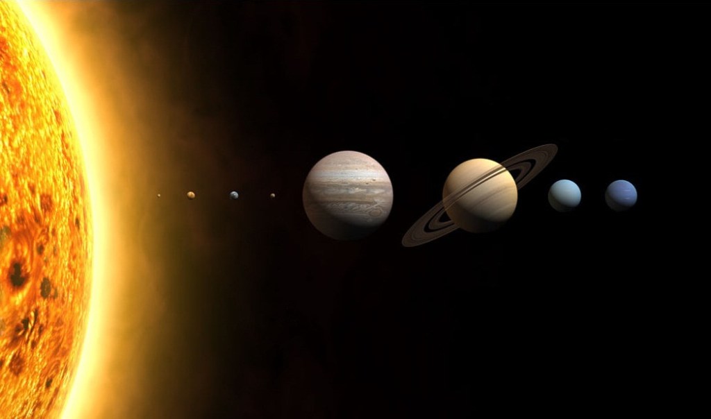 Representação artística do sistema solar, com os planetas em escala de tamanho, mas não de distância