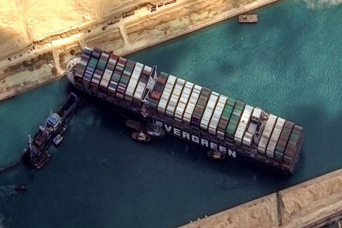 STUCK SHIP EVER GIVEN, SUEZ CANAL — MARCH 26, 2021:  Maxars WorldView-2 collected new high-resolution satellite imagery of the Suez canal and the container ship (EVER GIVEN) that remains stuck in the canal north of the city of Suez, Egypt.