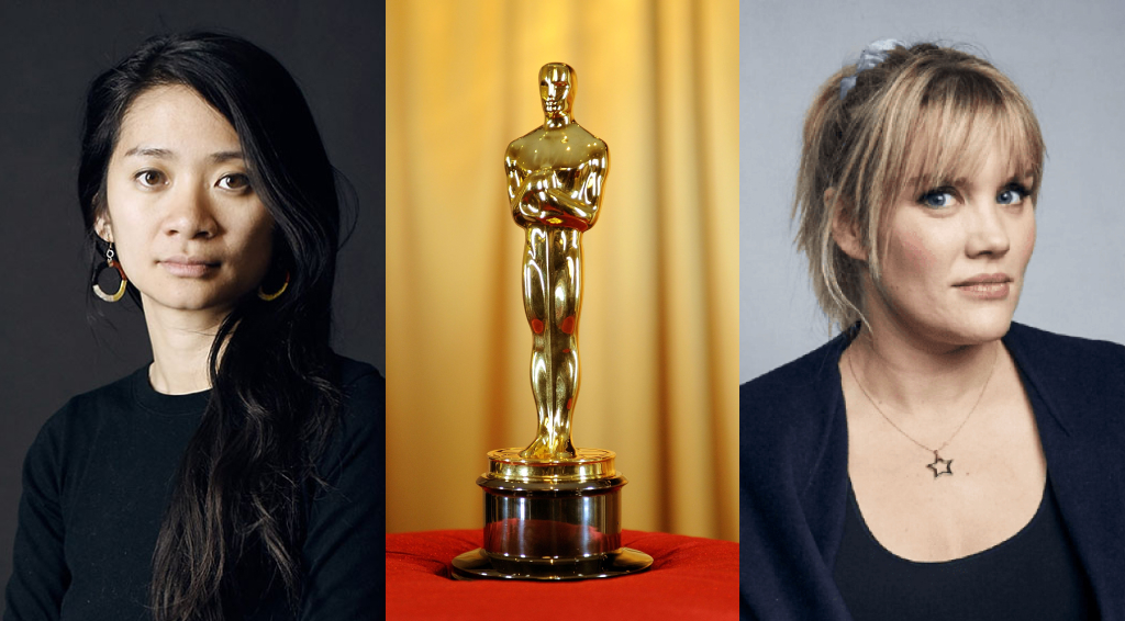 Chloé Zhao - diretora de "Nomadland"; Uma estatueta do Oscar;Emerald Fennell - diretora de "Bela vingança"